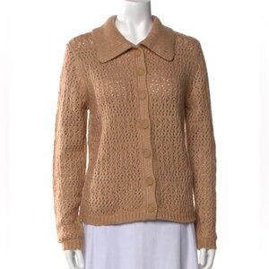 Joie Crochet Knit Collared Button Up Cardigan Sweater top boho tan light brown L